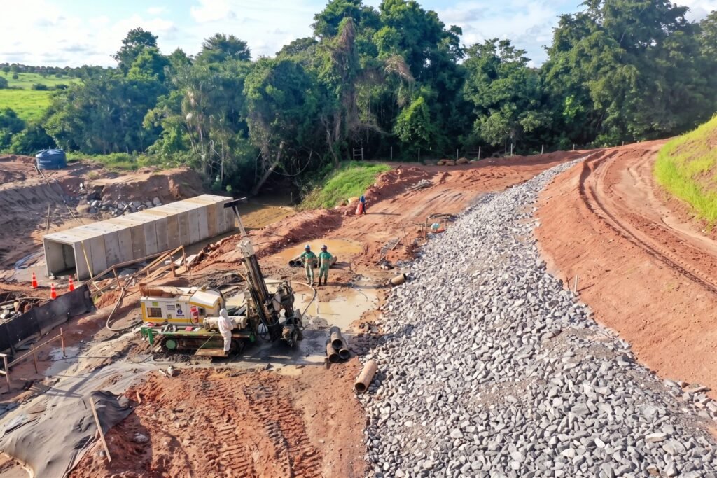 Perfuratriz da SCO em obra de viaduto, vista aérea da frente de serviço